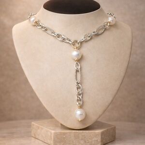 David Yurman Pearl 925 Sterling Silver & 18K Gold Figaro Chain Lariat Necklace